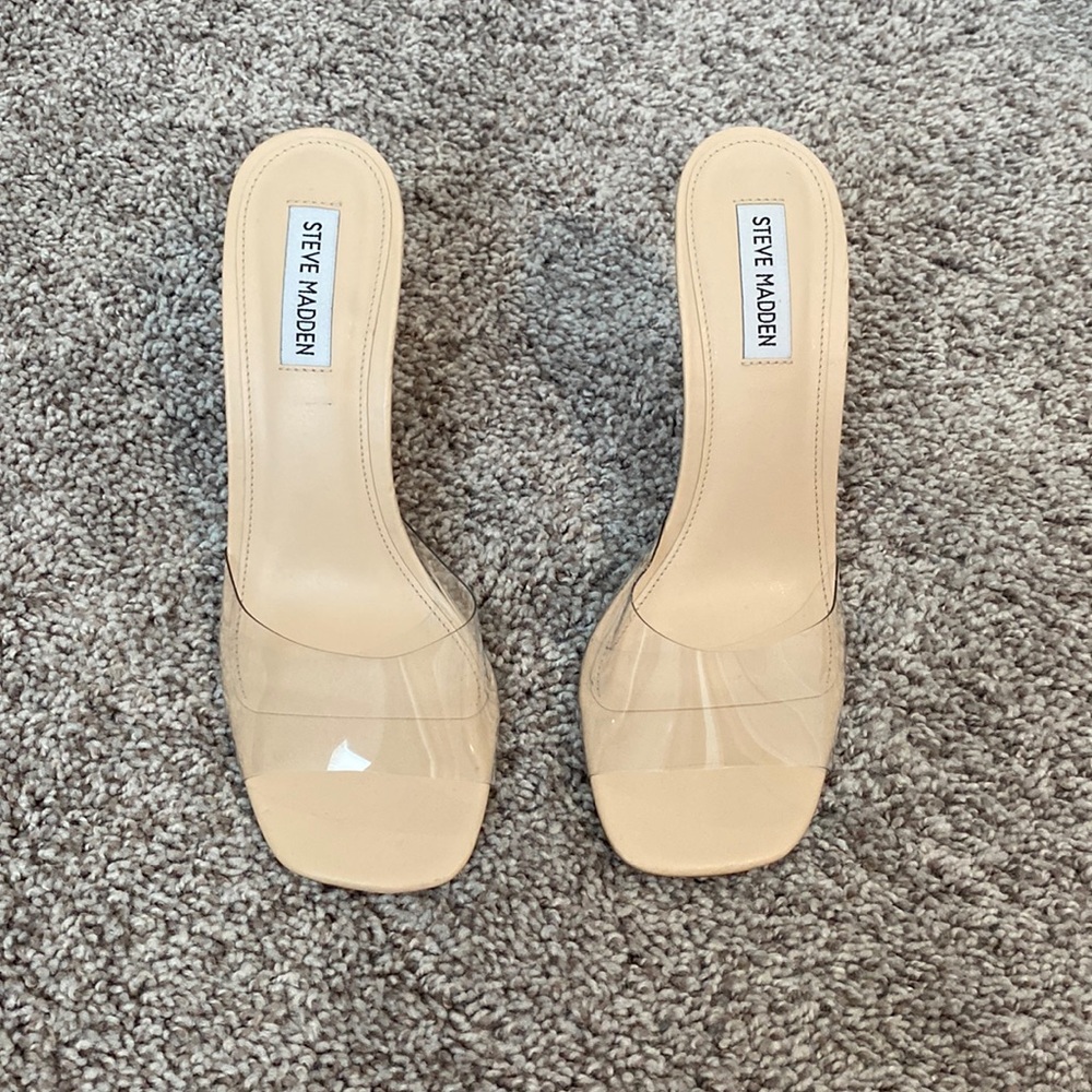 Steve Madden, nude with clear strap heels.